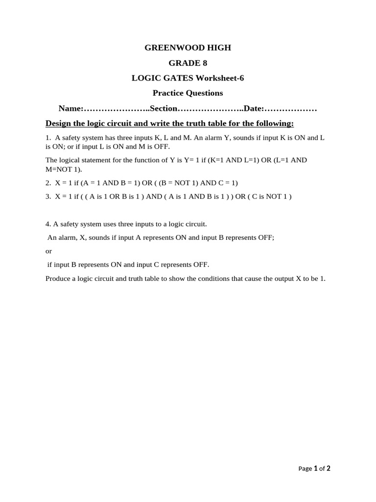 Logic Gates Worksheet-6 | PDF