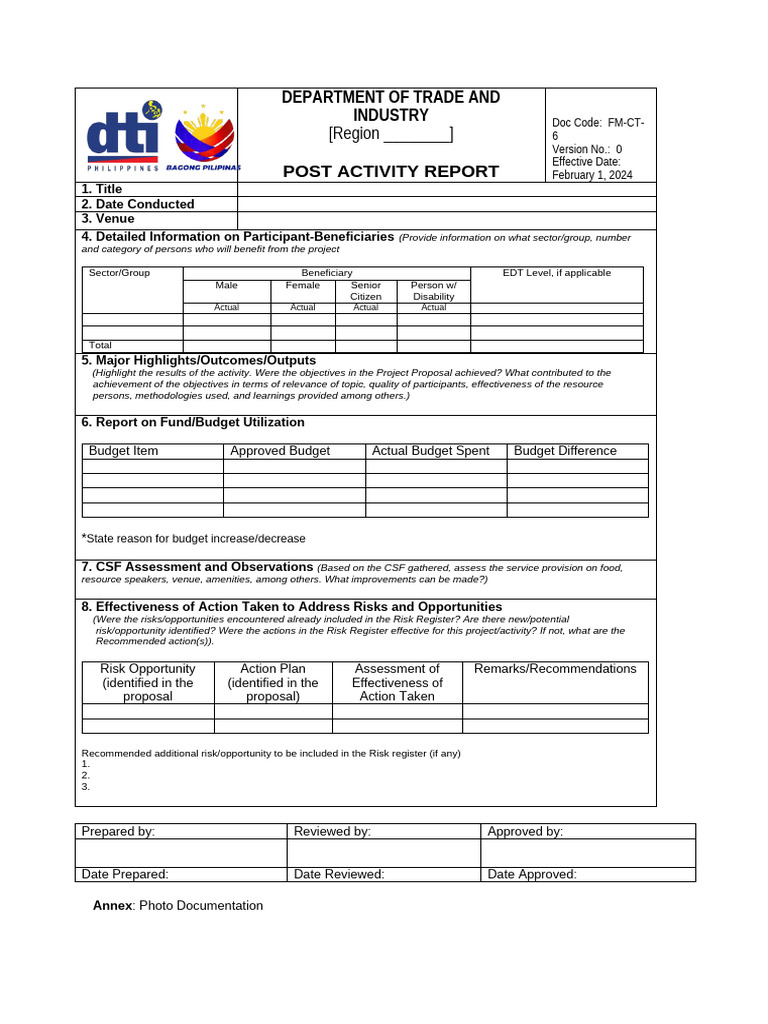 Revised - Post Activity Report Template - FM-CT-6 v0 (1) 1 | PDF | Risk