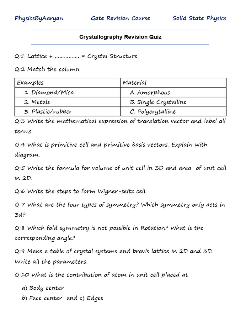 Crystallography Revision Quiz Guide | PDF | Crystal Structure | Geometry
