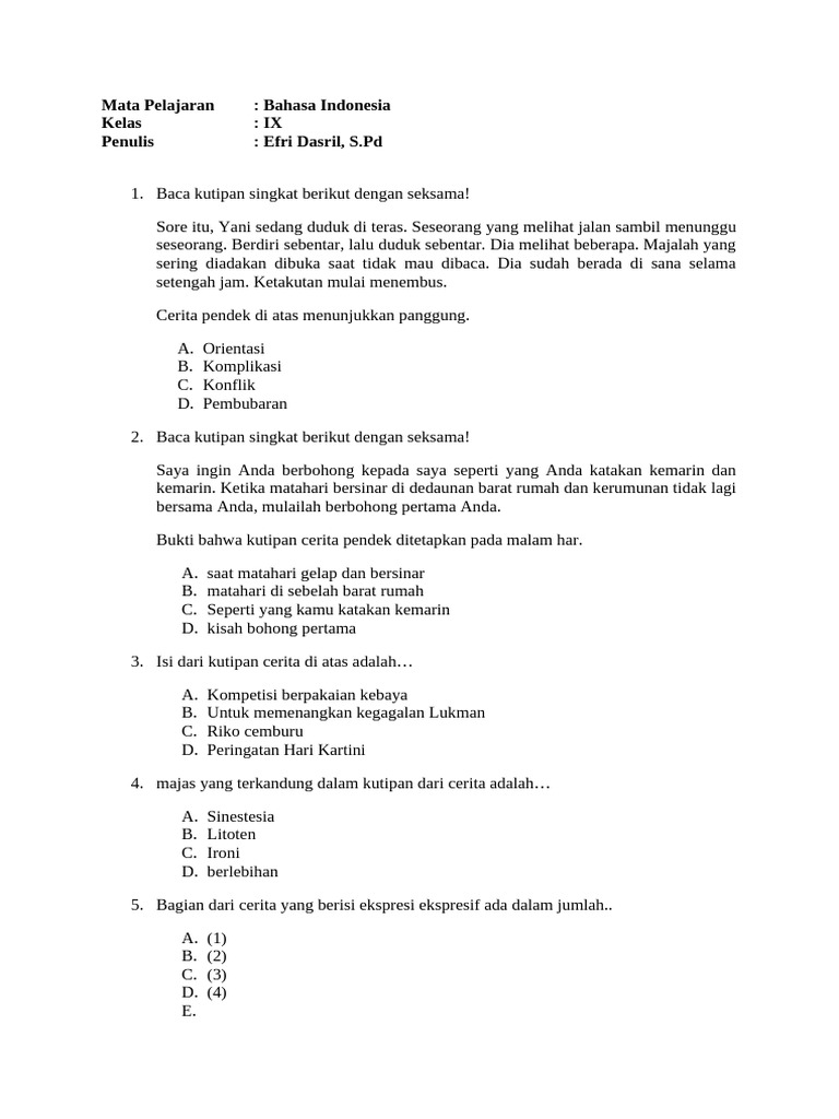 Soal Bahasa Indonesia Kelas 9 oleh Efri | PDF