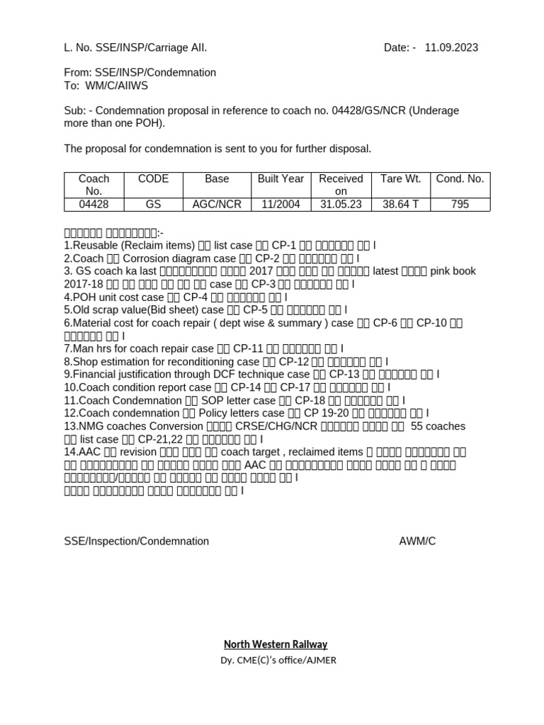 Condemnation Proposal for Coach 04428 | PDF | Materials | Components