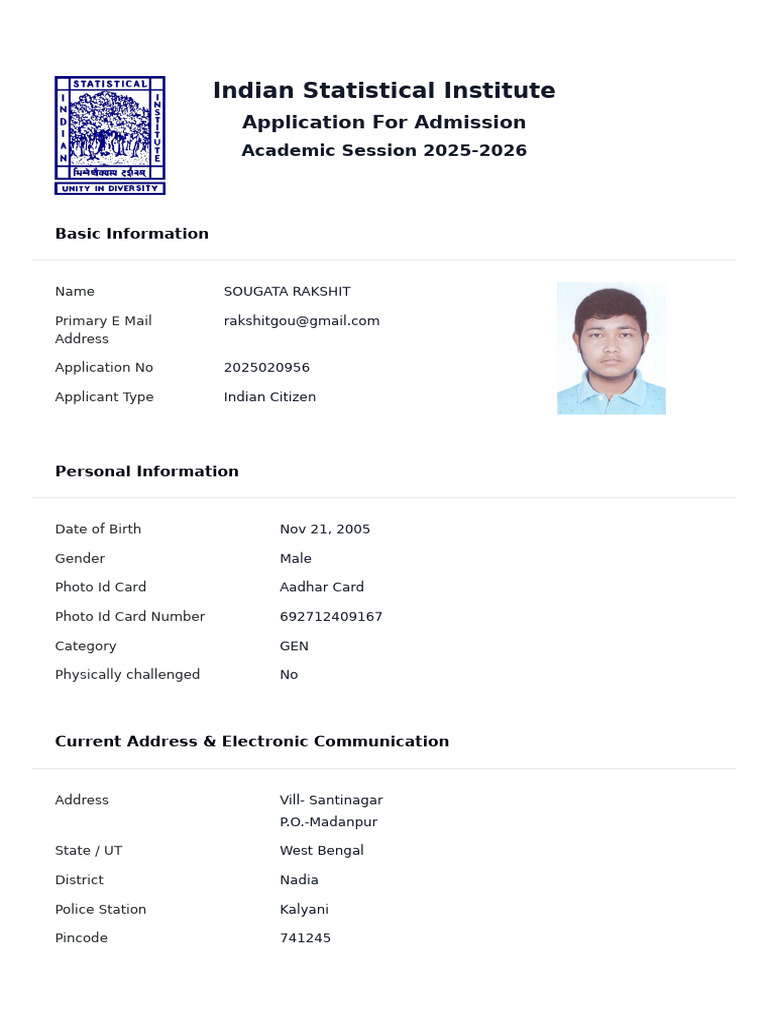 ISI Admission Application 2025-2026 | PDF