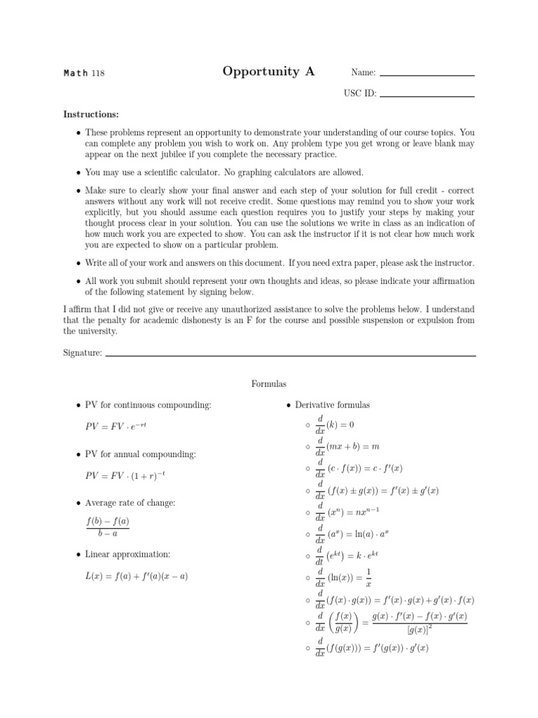 Math 118 Opportunity A Assessment Guide | PDF | Derivative | Tangent