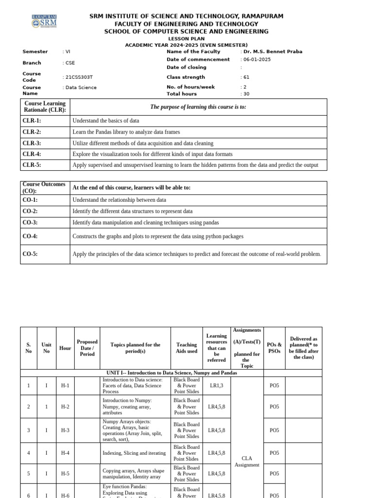 Data Science Course Plan 2024-2025 | PDF | Data Science | Computing