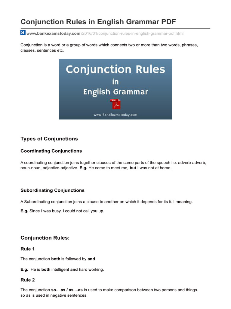 Conjunction Rules and Examples PDF | PDF | Language Mechanics | Syntax
