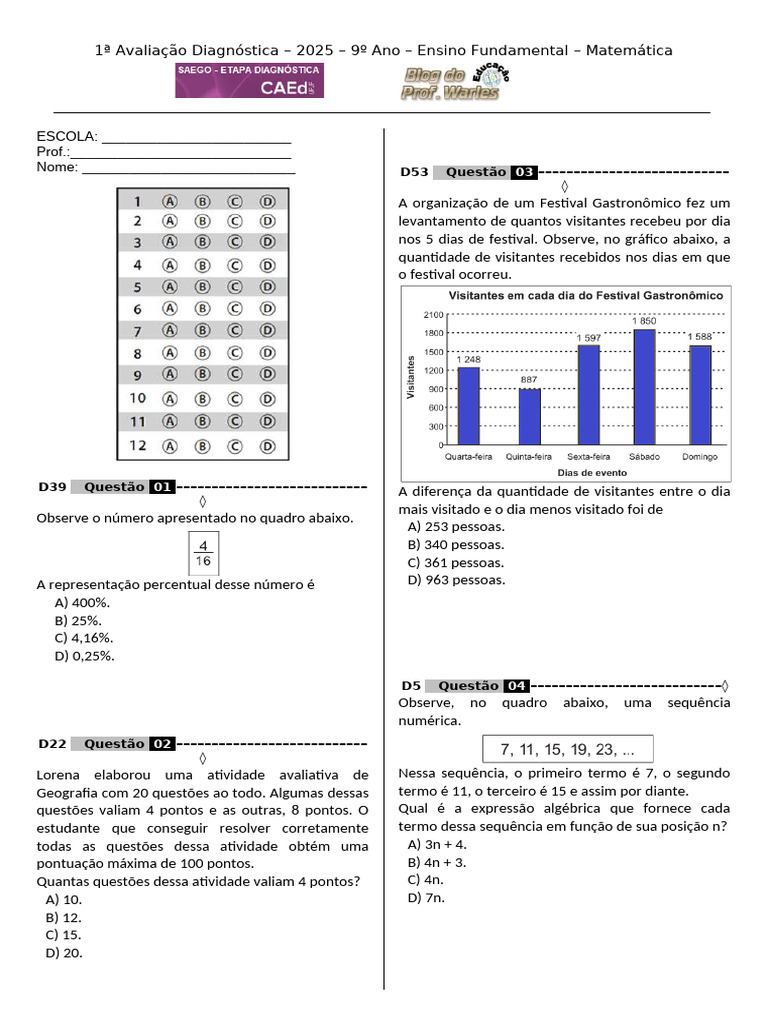 Avaliação Diagnóstica Matemática 9º Ano 2025 | PDF | Equações | Matemática