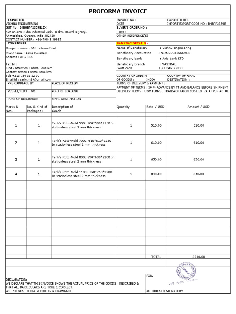 Proforma Invoice for Roto-Mold Tanks | PDF | Invoice | Business