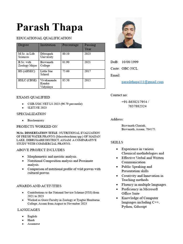 Parash Thapa: Life Sciences Graduate Profile | PDF