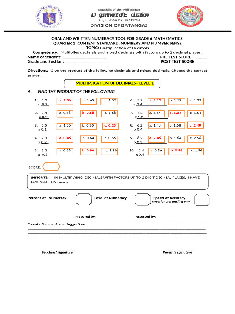 Grade 6 Decimal Multiplication Tool | PDF | Multiplication | Learning