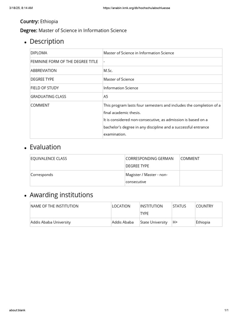 The Anabin Database For MSC In Information Science PDF