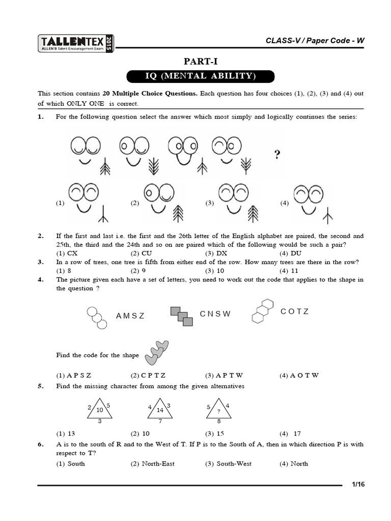Class V IQ Test: Mental Ability Questions | PDF