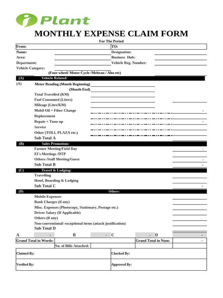 Monthly Expense Claim Form Template | PDF