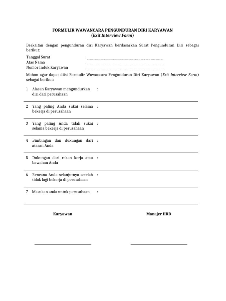 Draft Formulir Wawancara Pengunduran Diri Karyawan (Exit Interview Form ...
