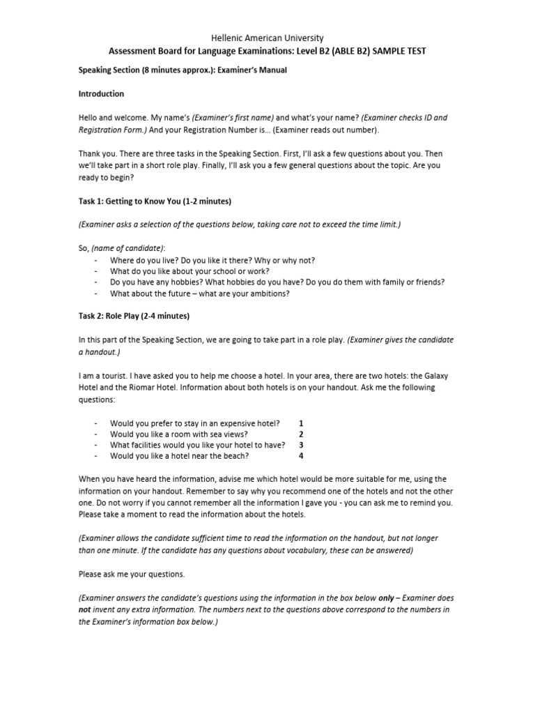 ABLE B2 Speaking Test Overview | PDF | Hotel