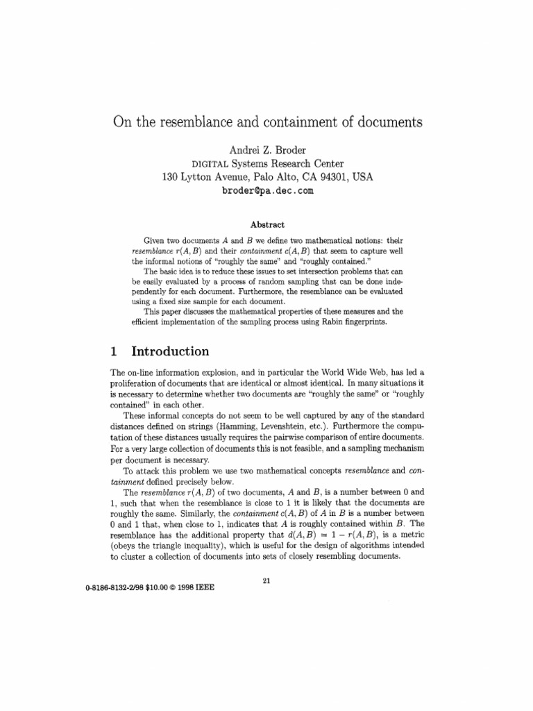 On The Resemblance and Containment of Documents | PDF | Cluster ...