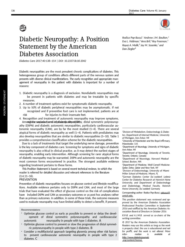 Diabetic Neuropathy Position Statement | PDF | Peripheral Neuropathy ...