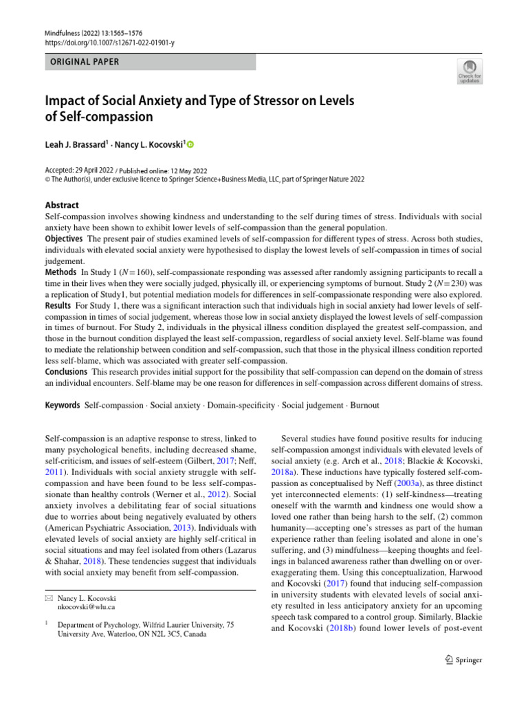 Social Anxiety's Impact on Self-Compassion | PDF | Anxiety | Self Esteem