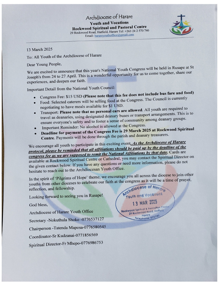 Archdiocese of Harare-National Congress Letter | PDF
