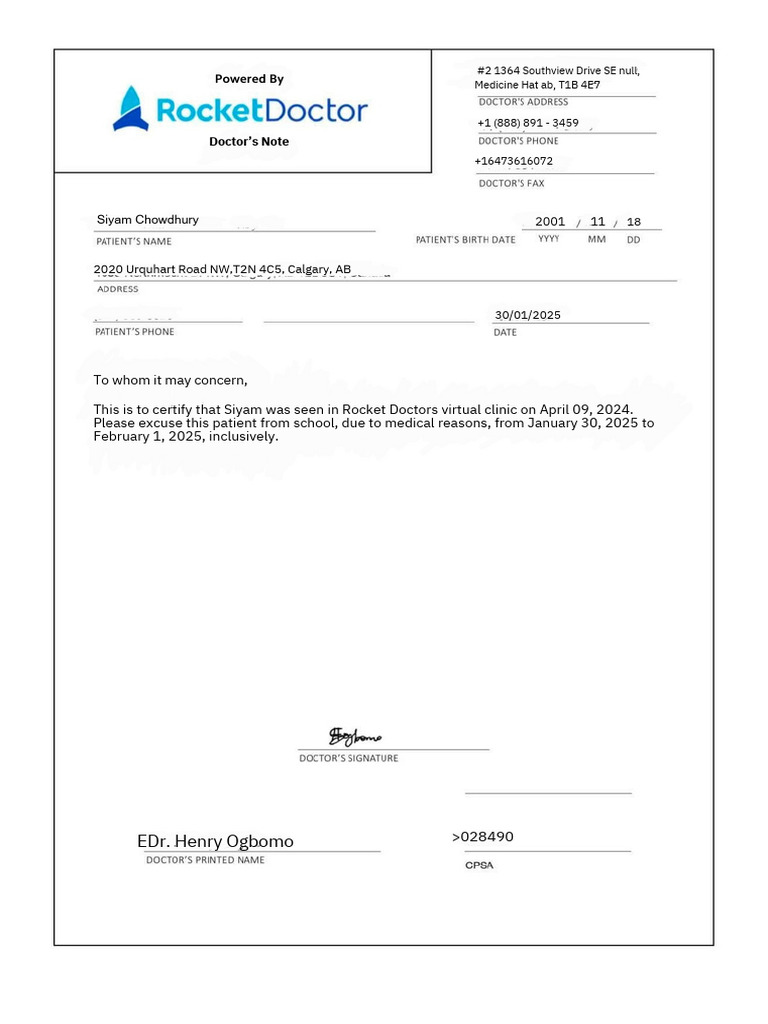 Doctor's Note for Siyam Chowdhury | PDF