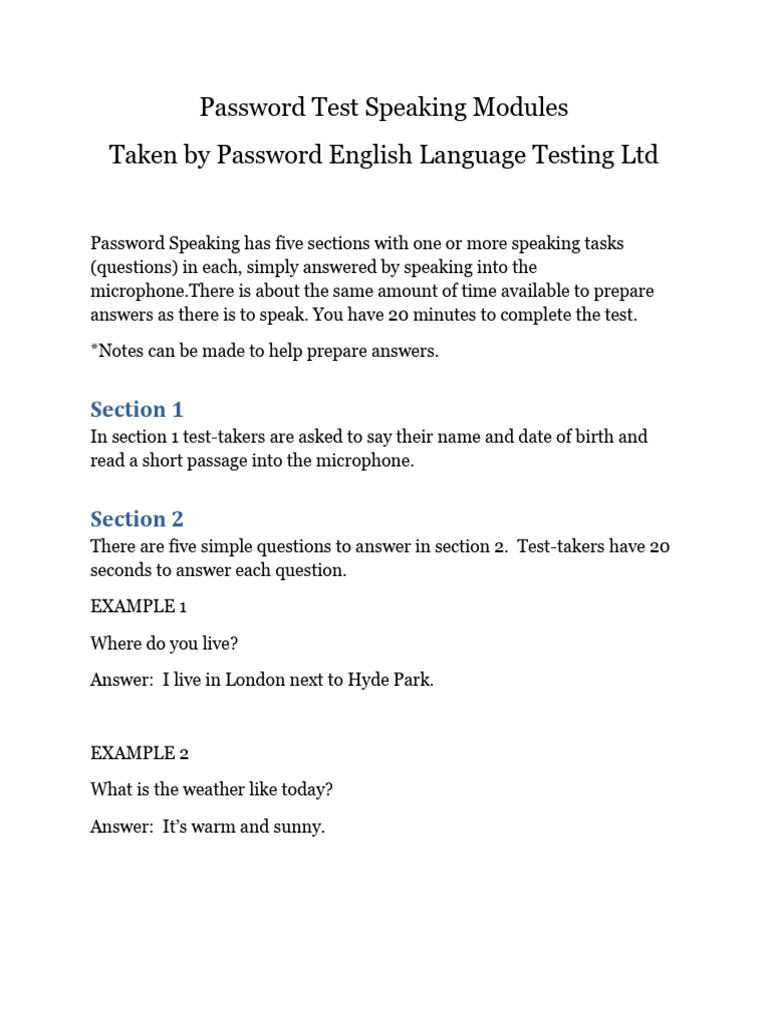 Password Speaking Test Overview | PDF