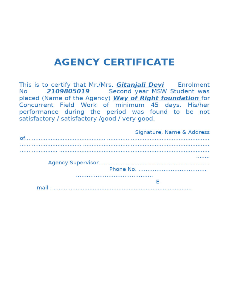 MSW Field Work Agency Certificate | PDF