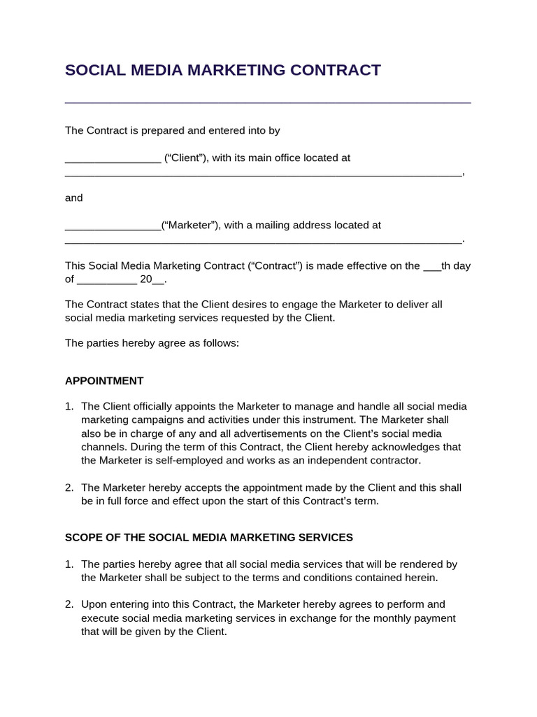 Social Media Marketing Contract Template | PDF | Indemnity | Social ...