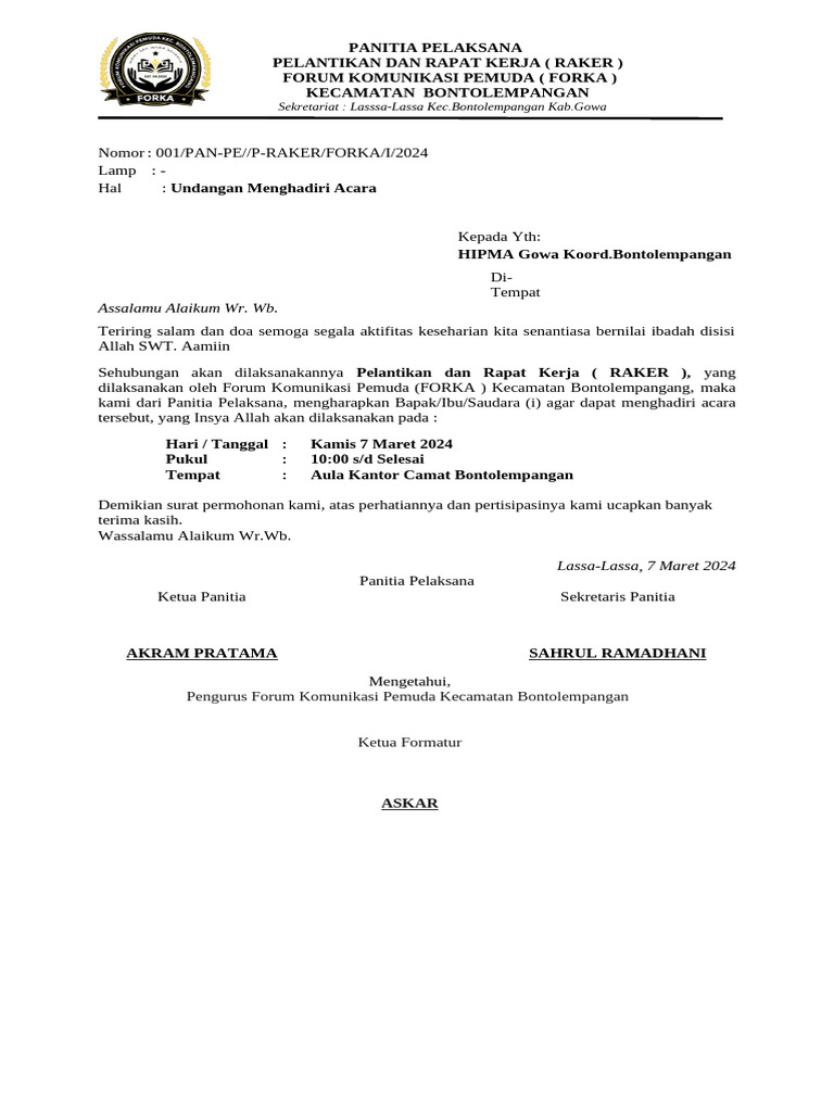 Undangan Raker Forka Bontolempangan | PDF