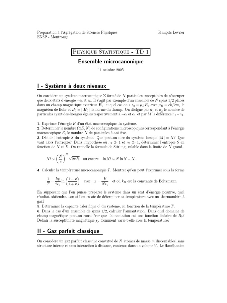 Physique Statistique : Systèmes et Entropie | PDF | Entropie ...