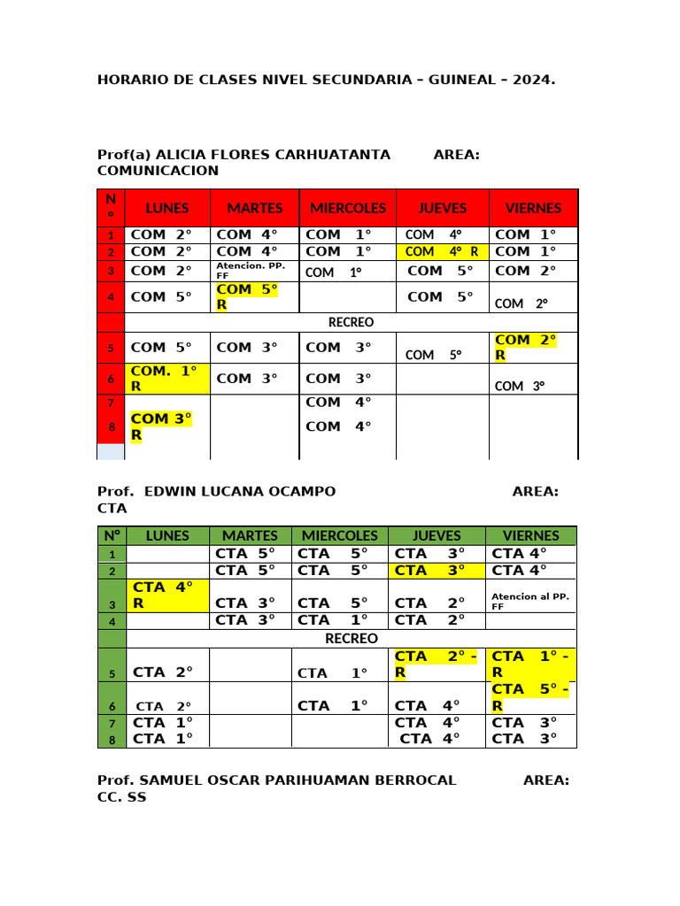 Horario Secundaria 2024 - Guineal | PDF
