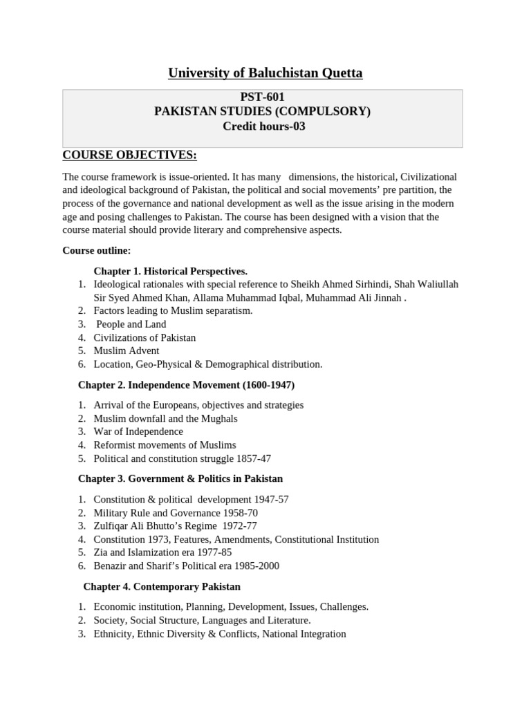 Pakistan Studies Course Syllabus | PDF