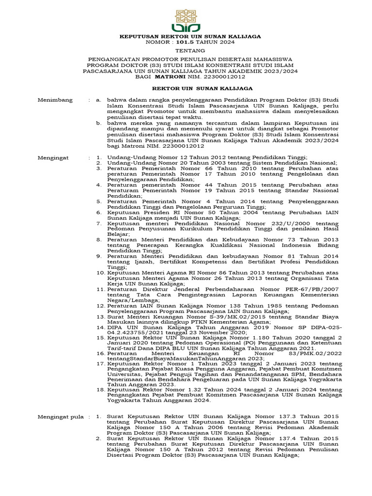 Pengangkatan Promotor Disertasi S3 UIN | PDF