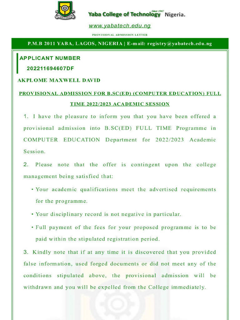 Yabatech Admission Letter For Akplome | PDF