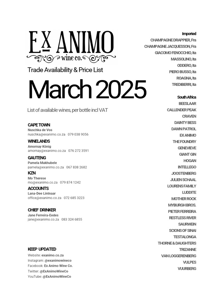 Ex Animo Wine Co Price List 2025 | PDF | Champagne | Rose