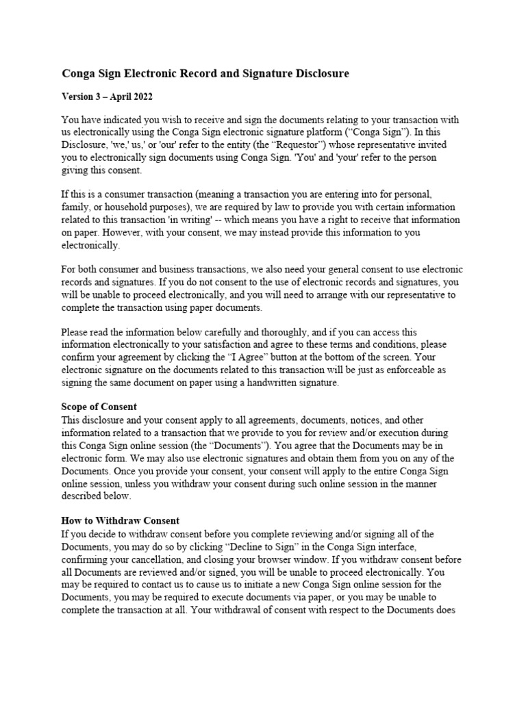 Conga Sign Electronic Signature Disclosure | PDF | Internet | Computing