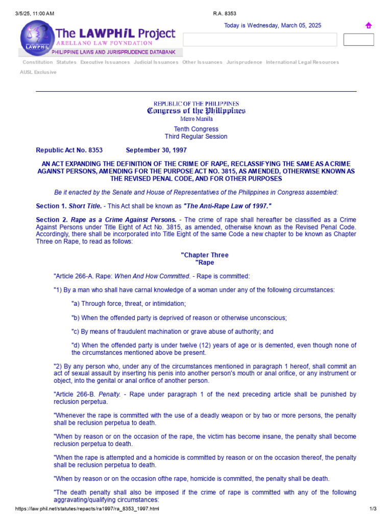 R.A. 8353 | PDF | Rape | Crimes