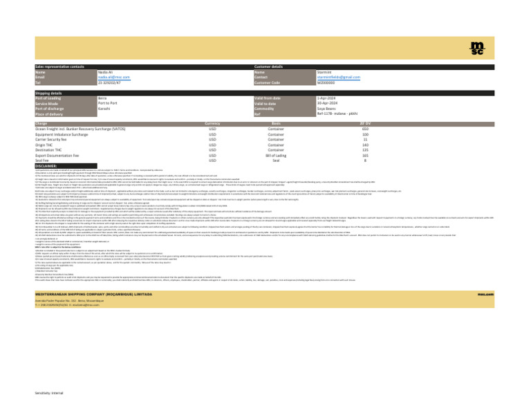 MSC Shipping Quotation Details | PDF | Cargo | Freight Transport