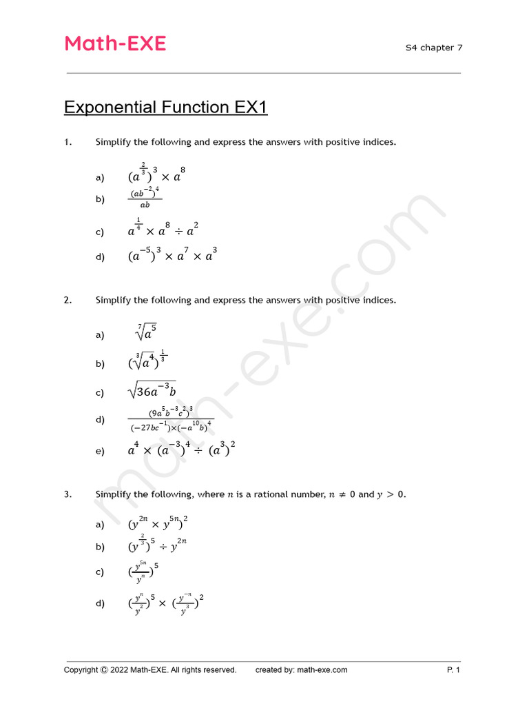 s4 Ch7 Exponential Function Ex1 Eng | PDF | Mathematics | Mathematical ...