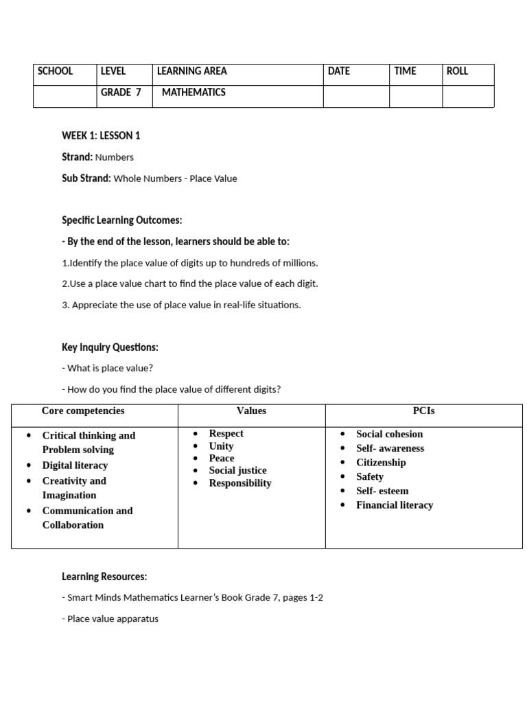 Grade 7 Mathematics: Place Value Lessons | PDF | Learning | Literacy