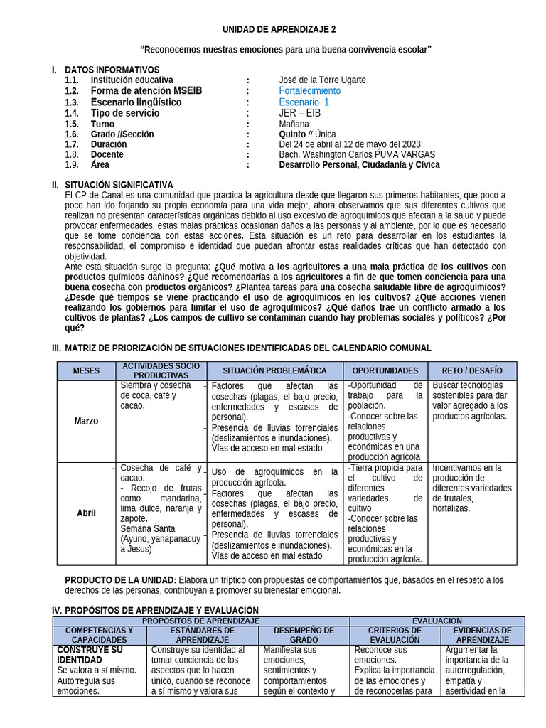 02 Unidad de Aprendizaje 1 DPCC - 5° 2024 | PDF | Las emociones ...