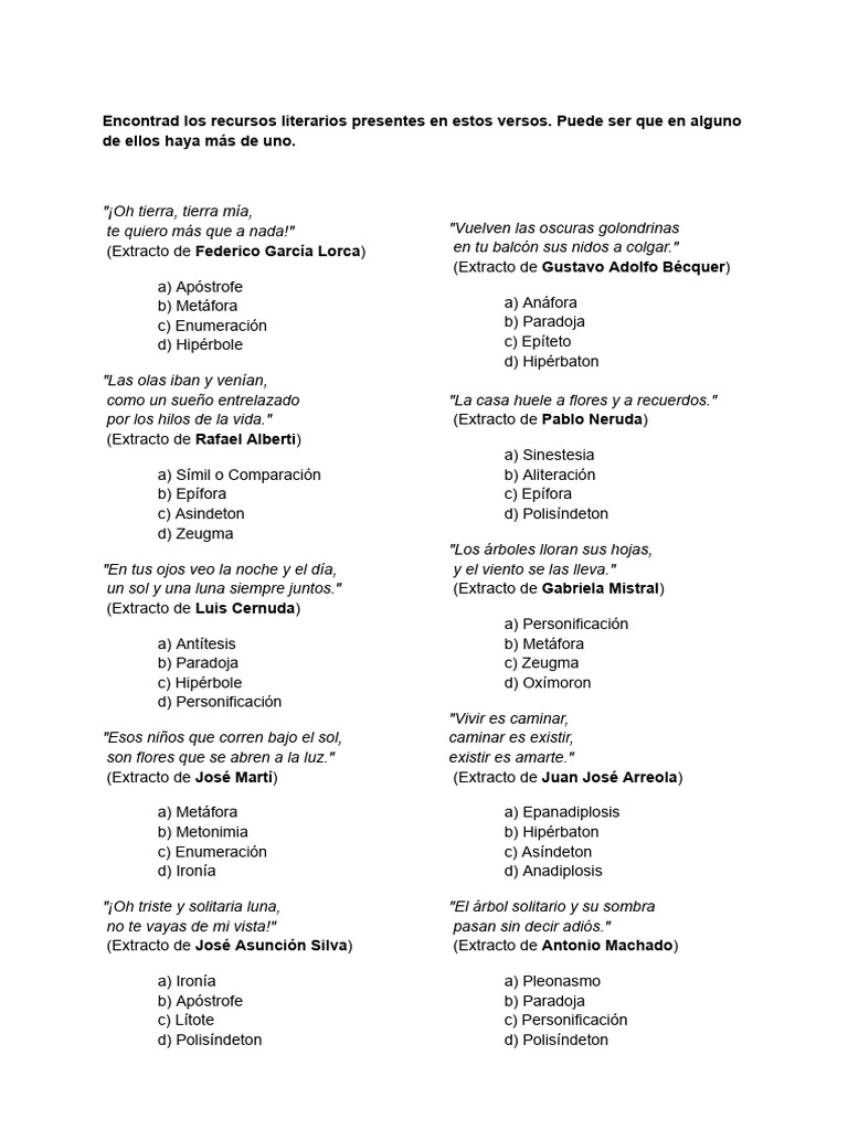 Ejercicios de Recursos Literarios | PDF