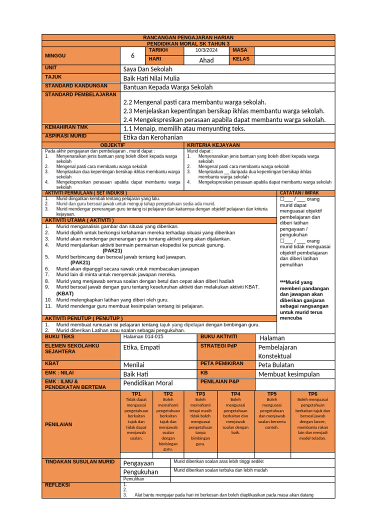 RPH Pendidikan Moral Tahun 3 | PDF