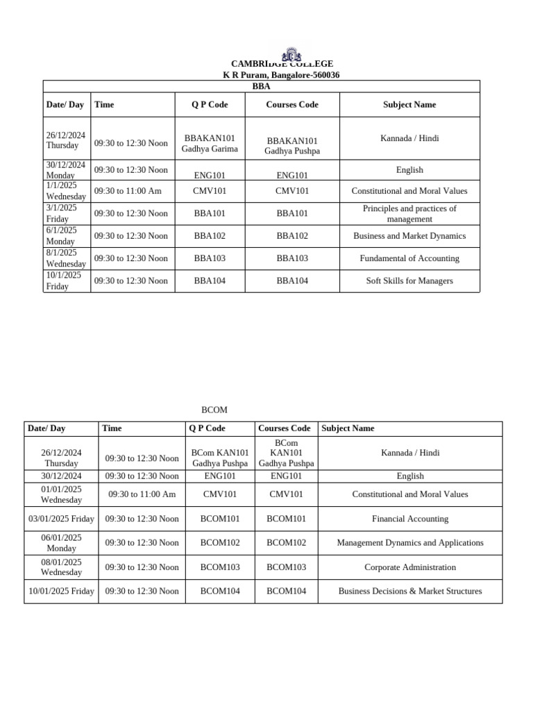 BCom 5th Semester Exam Schedule 2025 | PDF