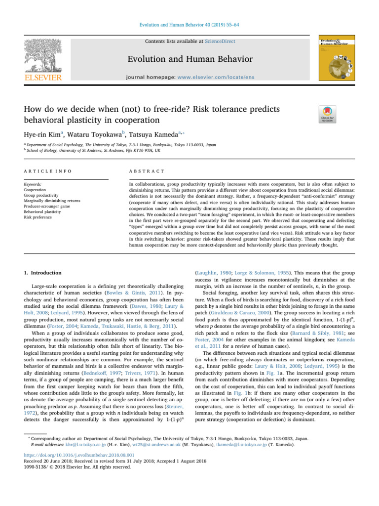 1 s2.0 S1090513818301958 Main | PDF | Cooperation | Risk Aversion
