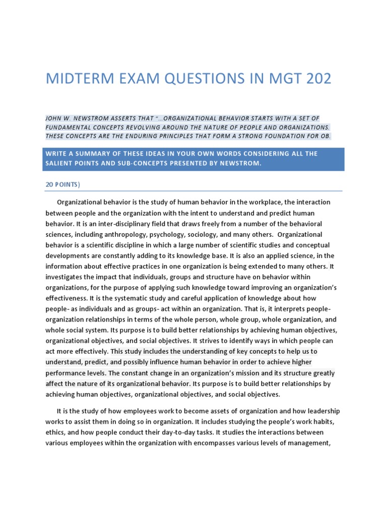 MGT 202 Midterm Exam Questions | PDF | Organizational Behavior | Motivation