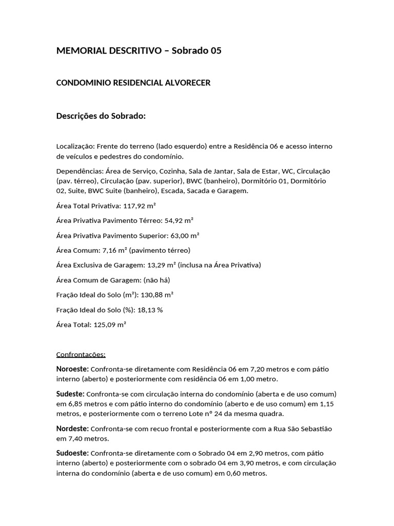 MEMORIAL DESCRITIVO - Sobrado 05 | PDF