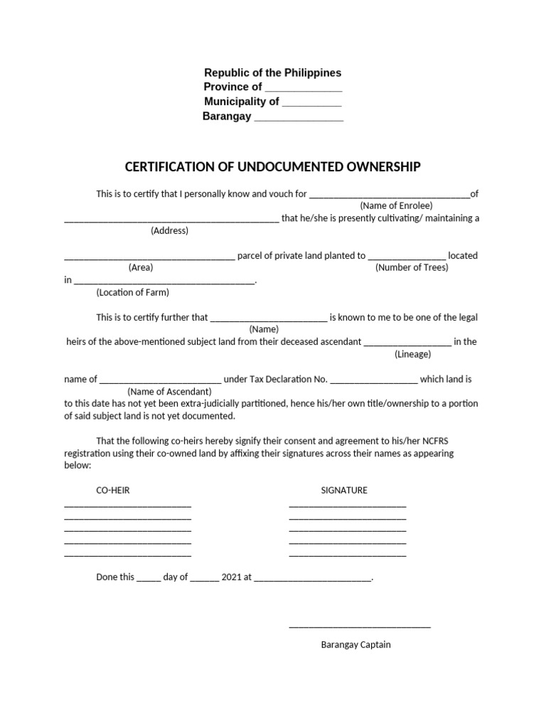Barangay Certification of Land Ownership | PDF