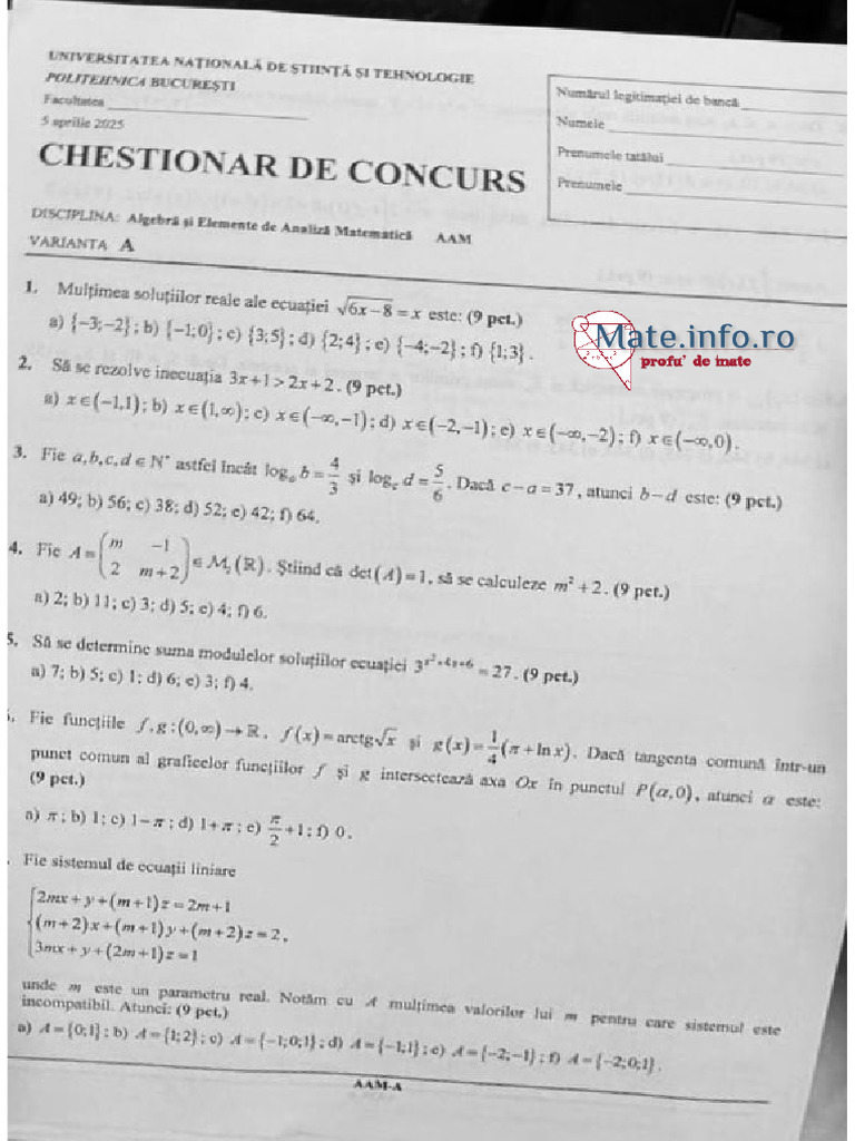 Preadmitere UPB 2025 - Subiecte Algebra Si Analiza Matematica | PDF