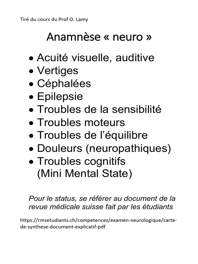 Anamnèse Et Examen Neurologique Complet Pdf 