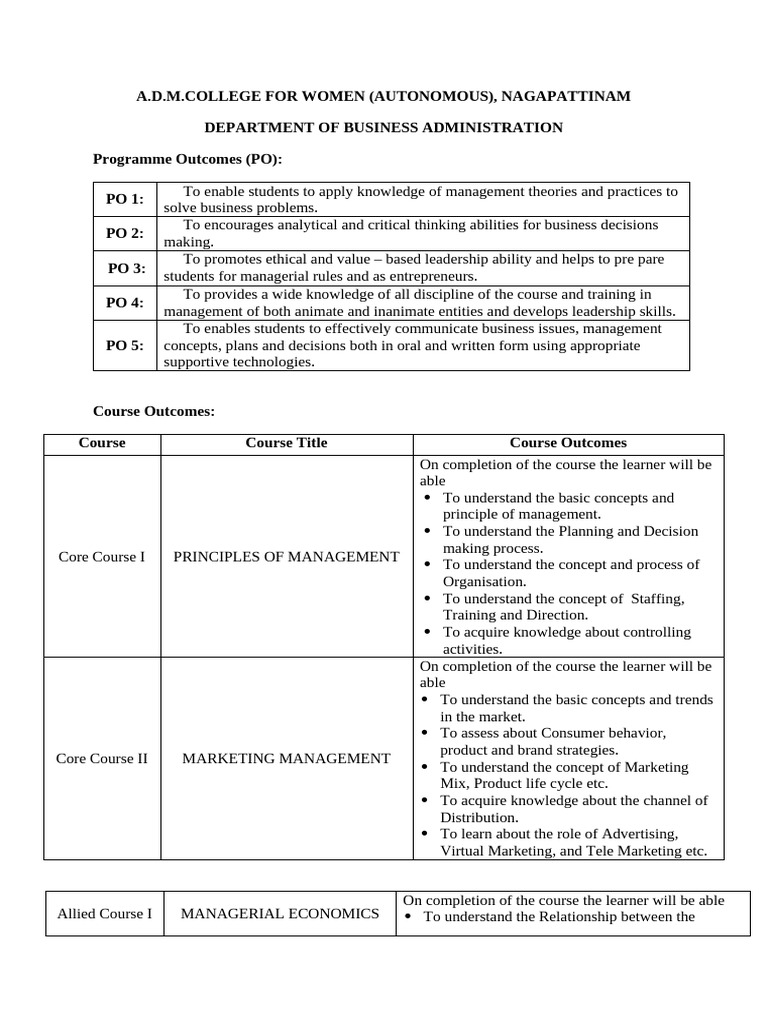 Business Administration Program Outcomes | PDF | Learning | Knowledge