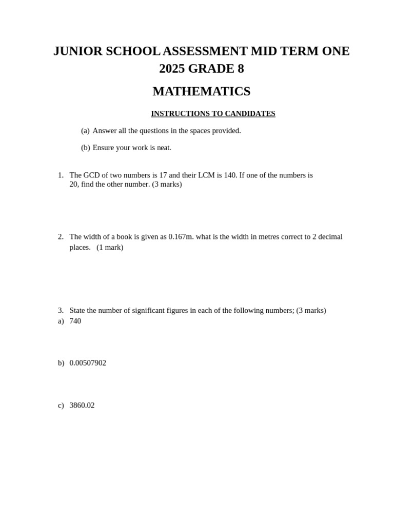 Grade 8 Mid Term Math Exam 2025 | PDF | Numbers | Mathematics